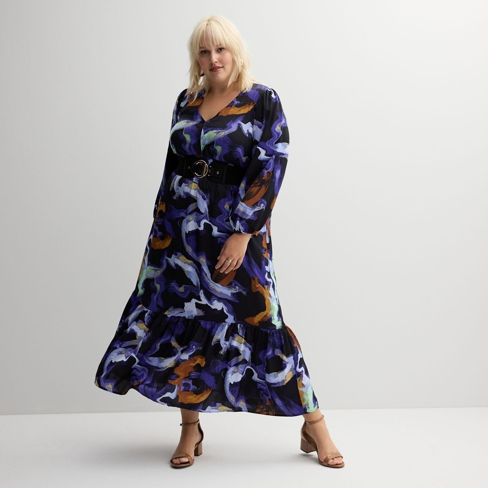 Nine West Womens Plus Size XL Abstract Print Long Sleeve V-Neck‎ Maxi Dress NWT